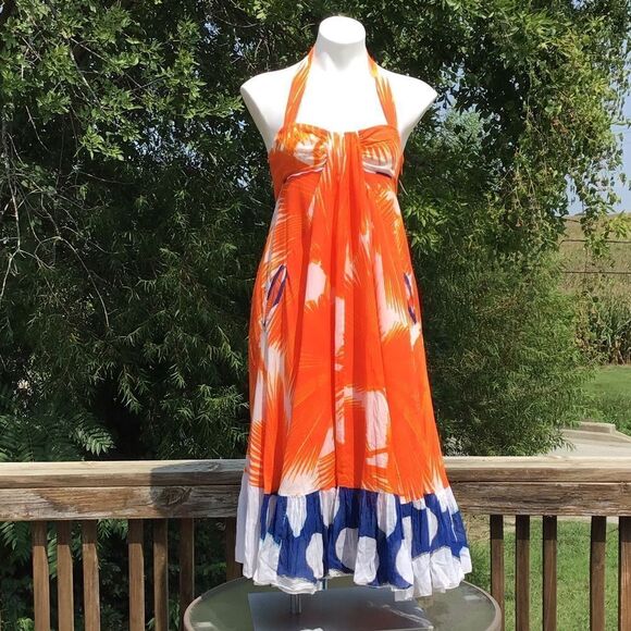 Diane Von Furstenberg Dress Indochine Orange Palm Empire Waist Halter Size 2 - Picture 11 of 11